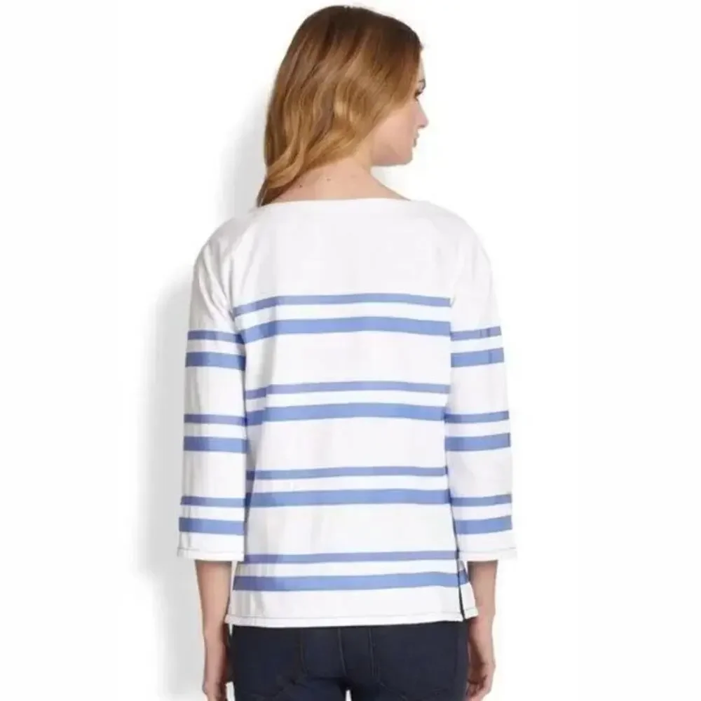 Tory Burch Kendall Blouse White Cotton Boatneck Blue Grosgrain Ribbon Stripe S